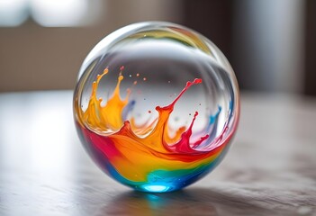 a glass sphere filled with colorful liquid against a blurred background	
