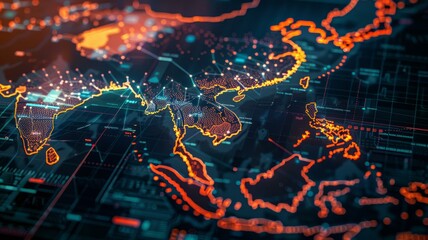Futuristic high-tech digital map of Asia-Pacific with glowing data points and network lines, information flow with futuristic, glowing visuals.