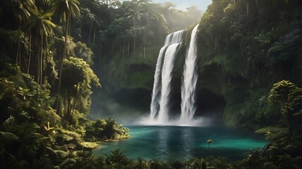 Fototapeta premium A majestic waterfall flowing into a tranquil pool, encircled by verdant foliage.