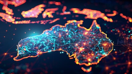 Digital visualization of Australia's network connections in vibrant neon colors