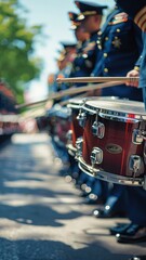 Obraz premium Patriotic parade, marching band drummers in uniform performing in a patriotic 4th July parade, creating a festive atmosphere with vibrant colors and precision.