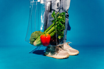 Person with transparent bag full of fresh vegetables