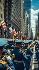 Marching band in blue uniforms performing during 4th July parade with American flags lining the city street.