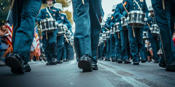 Close-up of marching band drummers in uniforms during a 4th of July parade, showcasing patriotism with American flags in the background.