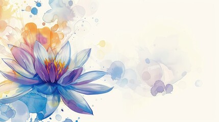 A bright image of a flower, made in a combination of purple and blue shades, against a background of watercolor splashes of various shades of blue and purple.