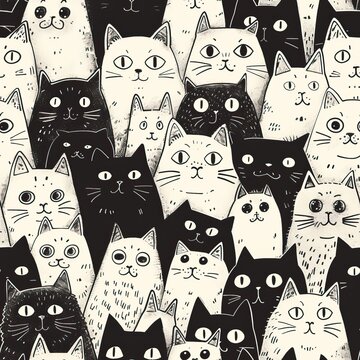 Fototapeta Seamless pattern of black or colorful cats doodle background, Cartoon style doodle kitten illustration. High quality AI generated image