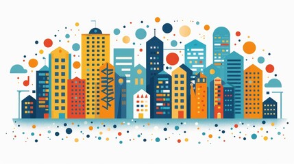 Drawing of a city skyline with buildings and elements, made in a flat design style.