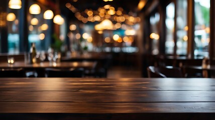 The image captures the warm ambiance of an empty restaurant with wooden tables and soft lighting from hanging bulbs, creating a welcoming space