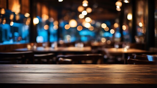 The warm ambiance of an empty restaurant with wooden tables and soft lighting from hanging bulbs, creating a welcoming space