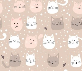 Cute seamless pattern with pretty kittens. Great for baby fabric, textile, wallpaper. Cats. Cat cartoon style. Pastel Colors. High quality AI generated image