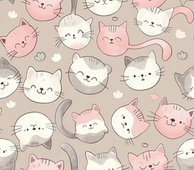 Obraz premium Cute seamless pattern with pretty kittens. Great for baby fabric, textile, wallpaper. Cats. Cat cartoon style. Pastel Colors. High quality AI generated image