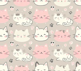 Cute seamless pattern with pretty kittens. Great for baby fabric, textile, wallpaper. Cats. Cat cartoon style. Pastel Colors. High quality AI generated image