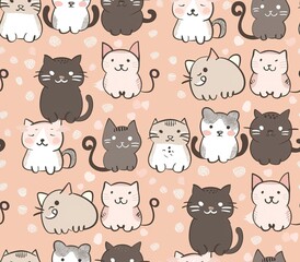 Cute seamless pattern with pretty kittens. Great for baby fabric, textile, wallpaper. Cats. Cat cartoon style. Pastel Colors. High quality AI generated image