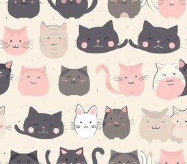 Cute seamless pattern with pretty kittens. Great for baby fabric, textile, wallpaper. Cats. Cat cartoon style. Pastel Colors. High quality AI generated image