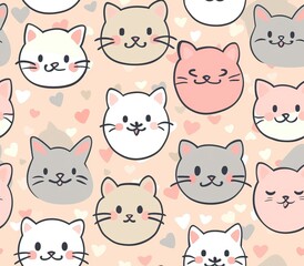 Cute seamless pattern with pretty kittens. Great for baby fabric, textile, wallpaper. Cats. Cat cartoon style. Pastel Colors. High quality AI generated image