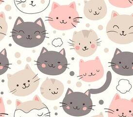 Cute seamless pattern with pretty kittens. Great for baby fabric, textile, wallpaper. Cats. Cat cartoon style. Pastel Colors. High quality AI generated image