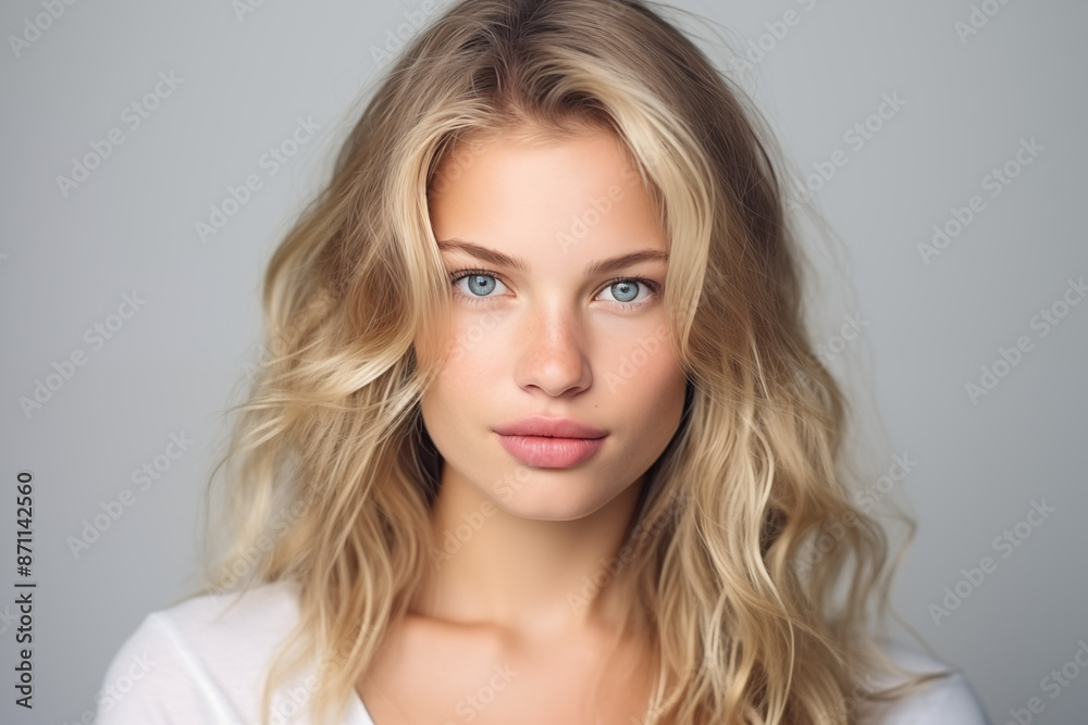 Wall mural portrait of a young blonde woman with blue eyes on a light background