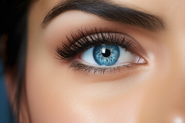 Obraz premium Close-Up of a Blue Eye with Long Eyelashes Against a Dark Background