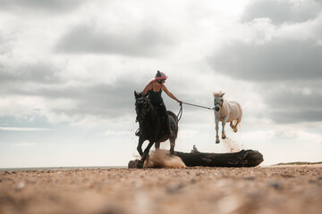 Horse riding and jumping on a beach, woman riding a horse