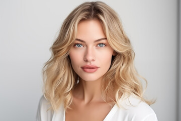 Fototapeta premium Young Blonde Woman with Wavy Hair and Blue Eyes on Light Background