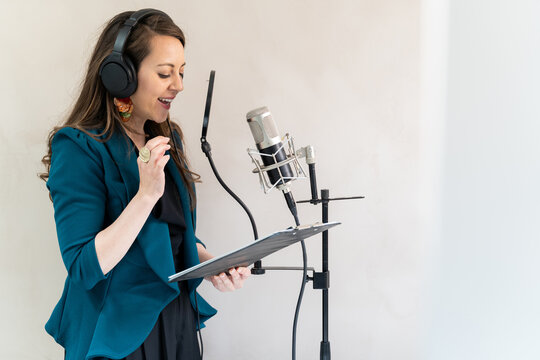 Voice actor dubber at sound studio