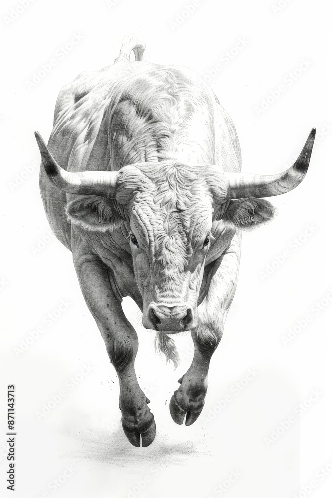 Poster a black and white photo of a bull running