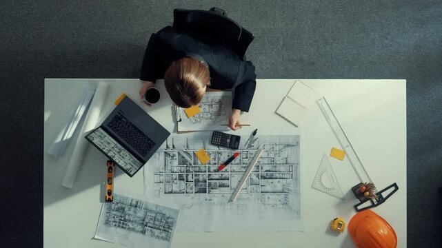 Top view of architect engineer drink coffee and draw blueprint at meeting table with equipment and safety helmet scatter around. Aerial view of project manager looking at project plan. Alimentation.
