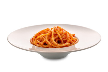 Bucatini pasta with tomato sauce in white plate isolated 