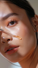 Detailed close-up portrait of a beautiful model showcasing the application of a premium skincare serum for a glowing complexion