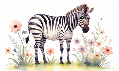 Zebra stands surrounded by a variety of colorful wildflowers under bright daylight