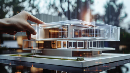 A hand hovers over a modern house architectural model, with a transparent wireframe overlay depicting the buildings structure. The model is set on a surface that reflects a blurred cityscape