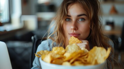 A young woman with tousled hair sits in a relaxed pose, focusing on the camera with a bowl of potato chips in hand, ready to enjoy a tasty moment in a casual setting.