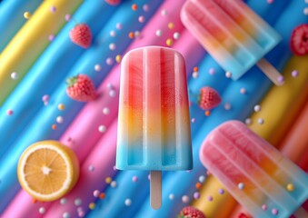 Playful Popsicle Illustration in Bright Geometric Patterns on Vivid Blue Background