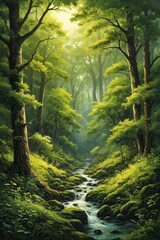 Fototapeta premium A serene forest scene featuring a meandering stream flowing through a dense canopy of trees. Sunlight filters through the leaves, illuminating the verdant foliage and mossy rocks lining the path