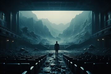 Fototapeta premium A solitary figure stands on a pathway in a darkened theater, gazing out at a vast and misty mountainous landscape displayed on a large, cinematic screen