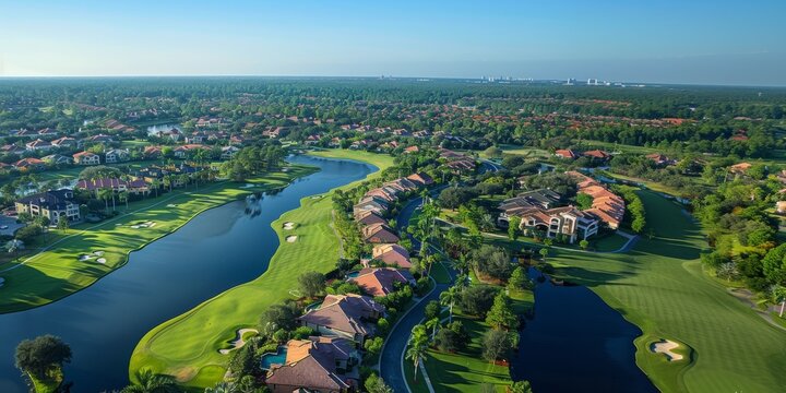 Luxury Golf Course Community. Aerial view of a luxurious residential community surrounded by a scenic golf course and lush greenery.