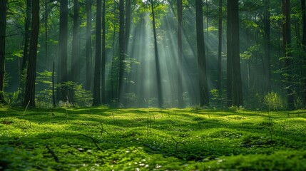 a forest with sunbeams shining through the trees