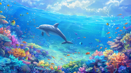 Obraz premium A vibrant coral reef teeming with colorful fish and sea creatures, 
