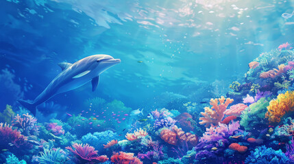 A vibrant coral reef teeming with colorful fish and sea creatures,