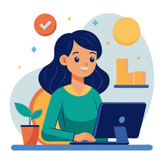 Smiling Hispanic Woman Working On Laptop With Check Mark and Bar Chart