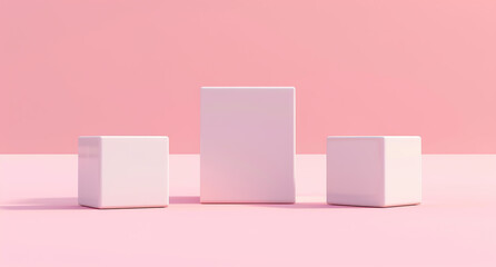 3D rendering of three white cubes with different sides on a pink background.