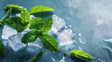 Icy mint leaves sit harmoniously on top of ice cubes glistening with fresh water droplets, making the image a symbol of refreshment and natural purity.