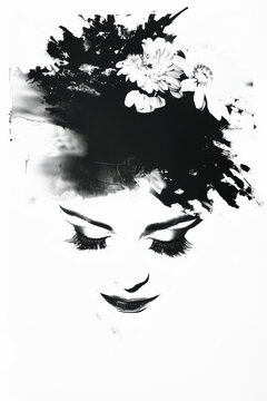 Artistic Black and White Portrait of a Woman with Floral Accents.