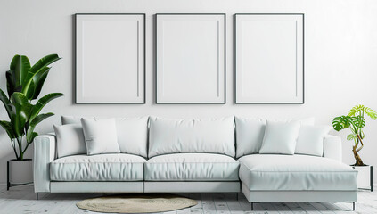 Modern living room with white sofa and white cushions, poster mockup.