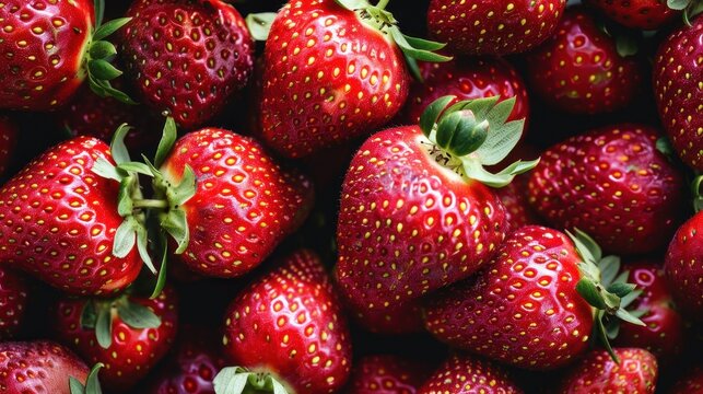 A pleasing image of succulent red strawberries bundled together, each with its green leaves intact, conveying a strong sense of freshness and natural beauty.
