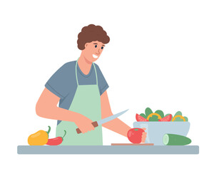 Happy man cooking salad. Healthy vegetarian food concept. Male Character and Vegetarian Meal. Vector illustration isolated on white background.