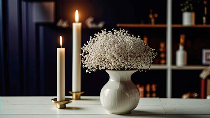 White wooden table with a warm candle against the background of a bouquet of flowers, sophisticated living room atmosphere,