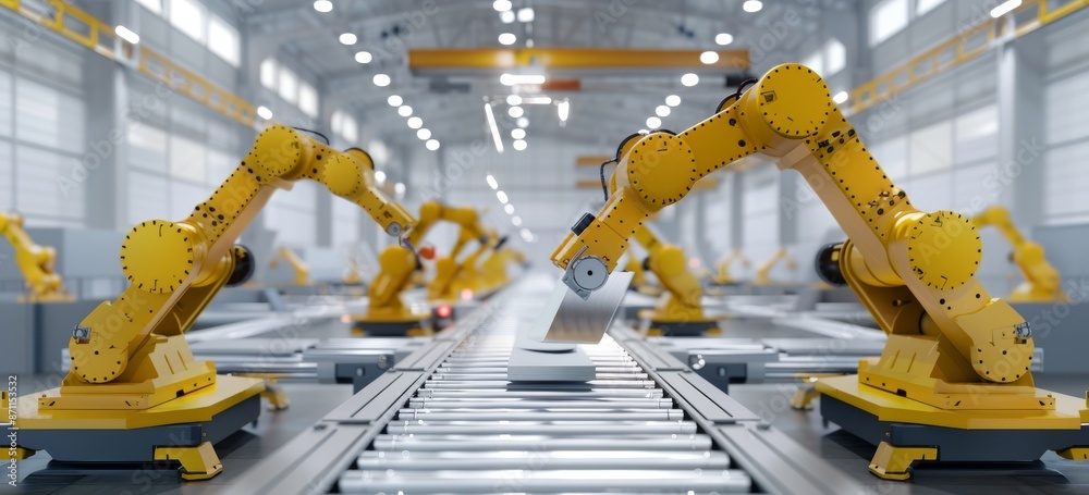 Poster robotic arms working on an assembly line in an advanced automated factory