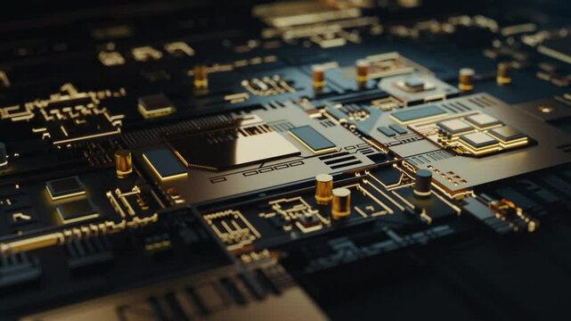 High tech integrated circuit board with processor close up. Electronic CPU chip component on printed pcb. Concept of computer hardware and digital computing of big data. Futuristic Sci-fi background