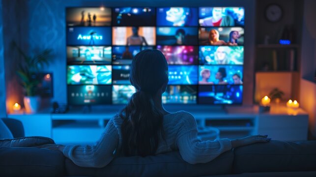 A woman uses her home smart TV to access OTT content.